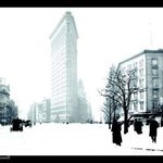 A snowy day in the 1900s outside the Flatiron